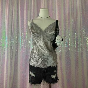 Newport News 100% Silk Metallic Silver Lace Cami Slip Tank Top (12) ★